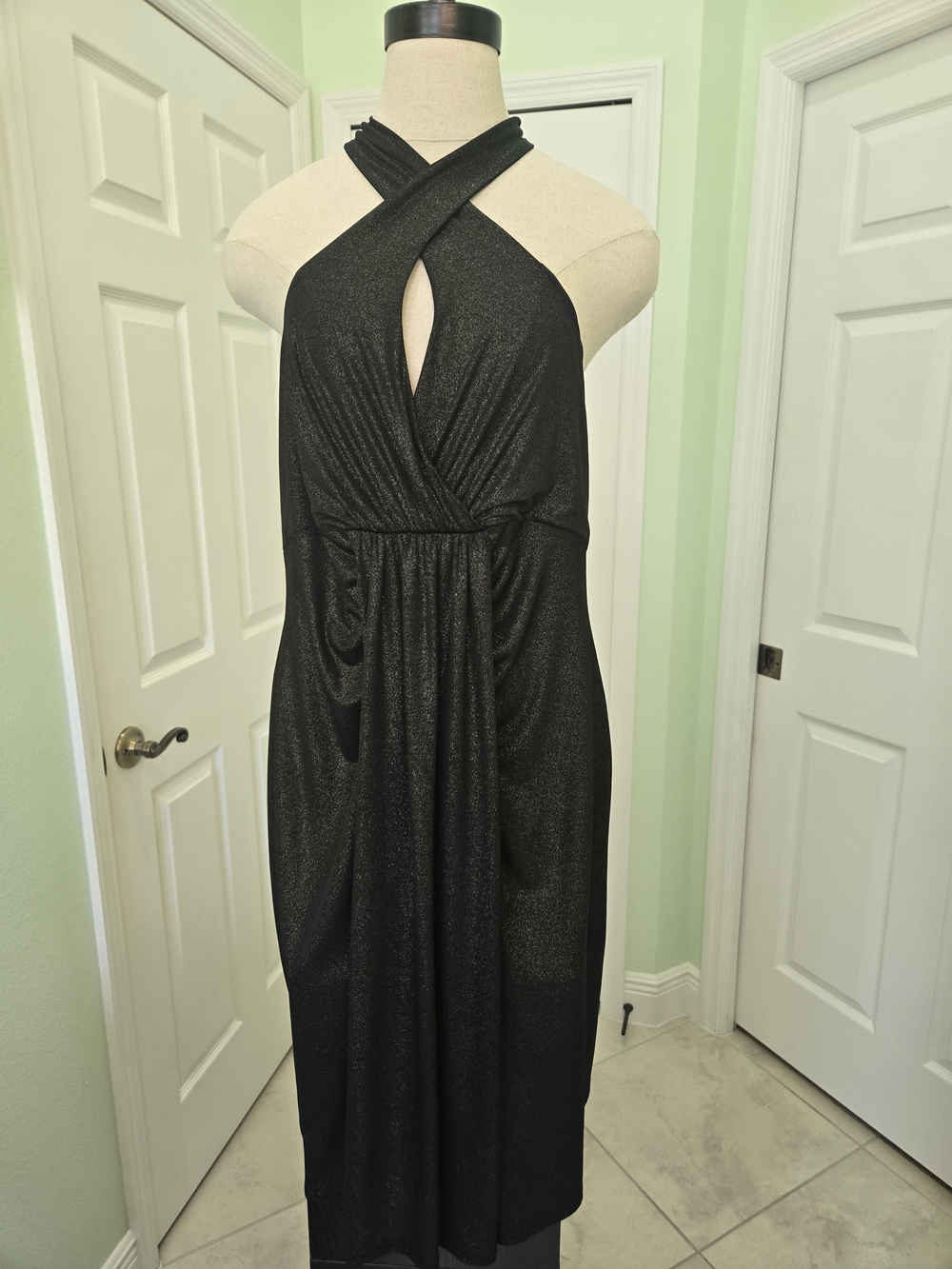 Patricia Field Y2K Black Gold Sparkle Tie Back Halter Midi Dress - Picture 3 of 13